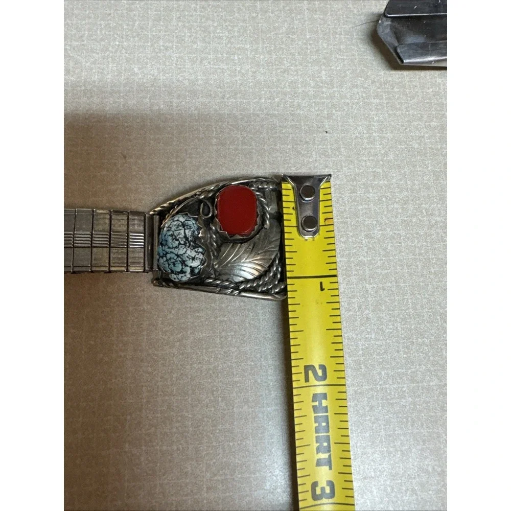 Vintage Native Sterling Silver Turquoise Coral Mens Watch Band